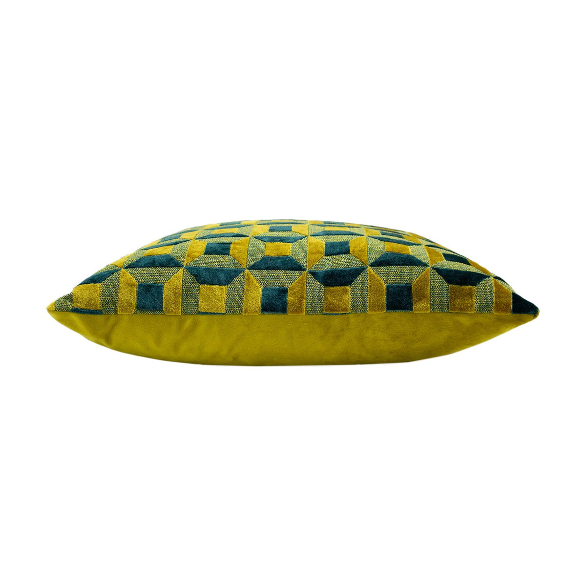 Empire Jacquard Velvet Cushion in teal and gold, shown side-on with a geometric block pattern on the face and plain gold velvet reverse, against a plain white background.