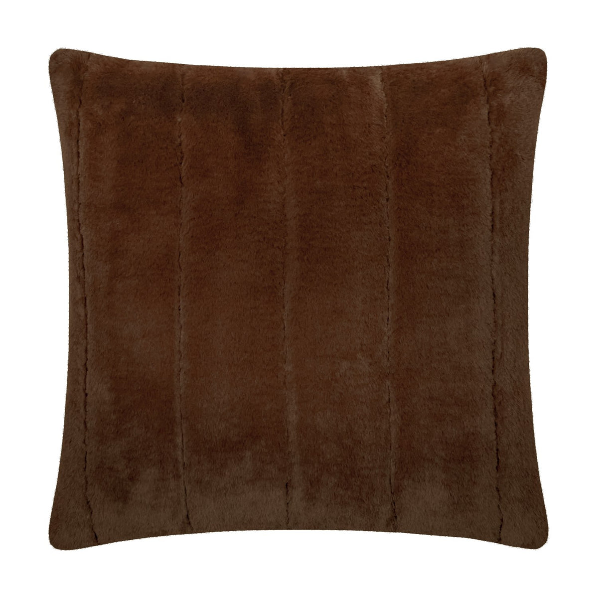 Empress Plain Faux Fur Cushion in brown, a square cushion with dense pile texture and visible vertical seam lines, shown on a plain white background.