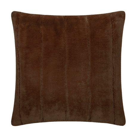 Empress Plain Faux Fur Cushion in brown, a square cushion with dense pile texture and visible vertical seam lines, shown on a plain white background.