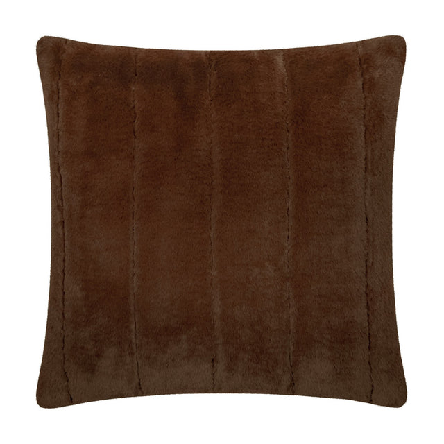 Empress Plain Faux Fur Cushion in brown, a square cushion with dense pile texture and visible vertical seam lines, shown on a plain white background.