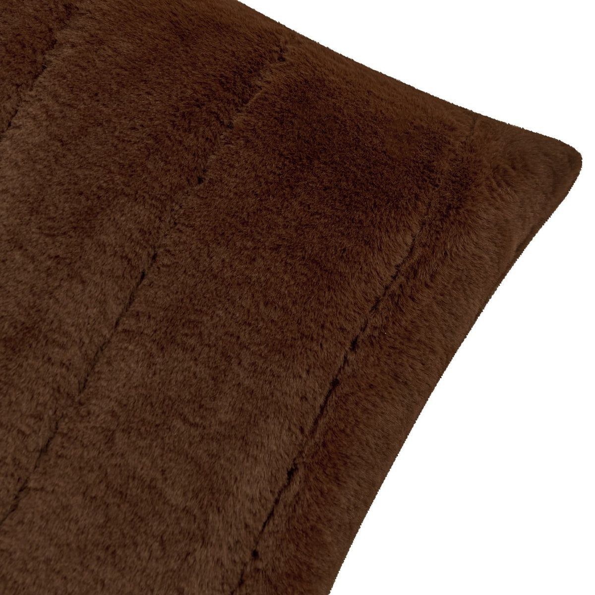 Close-up of the Empress Plain Faux Fur Cushion in brown, showing dense pile texture and stitched seam detail against a white background.