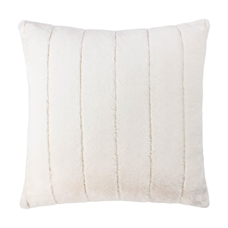 Empress Velvet Faux Fur Cushion in cream, square with soft channelled pile forming vertical ribbed stripes, shown on a plain white background.
