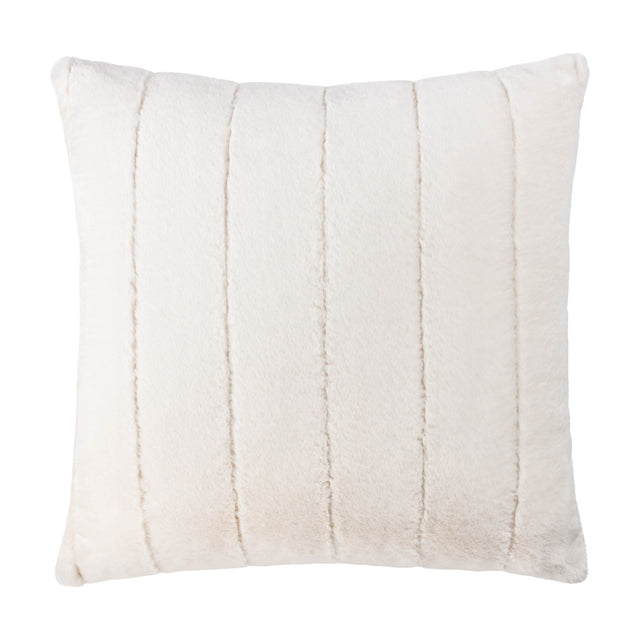 Empress Velvet Faux Fur Cushion in cream, square with soft channelled pile forming vertical ribbed stripes, shown on a plain white background.