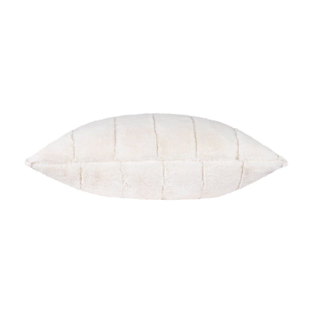 Empress Velvet Faux Fur Cushion in cream, shown side-on with soft channelled pile and vertical ridges, set against a plain white background.
