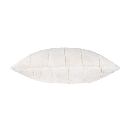 Empress Velvet Faux Fur Cushion in cream, shown side-on with soft channelled pile and vertical ridges, set against a plain white background.
