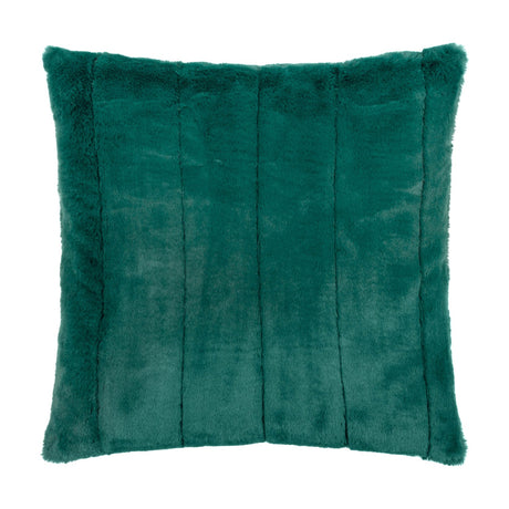 Empress Velvet Faux Fur Cushion in emerald green, square with raised channel stripes and a soft long-pile finish, shown against a plain white background.