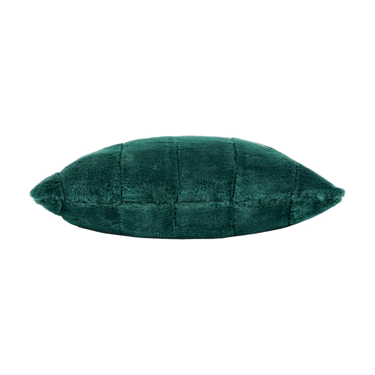 Empress Velvet Faux Fur Cushion in emerald green, side view showing quilted channel stitching and plush pile, on a plain white background.
