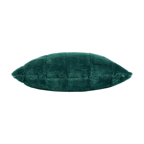 Empress Velvet Faux Fur Cushion in emerald green, side view showing quilted channel stitching and plush pile, on a plain white background.