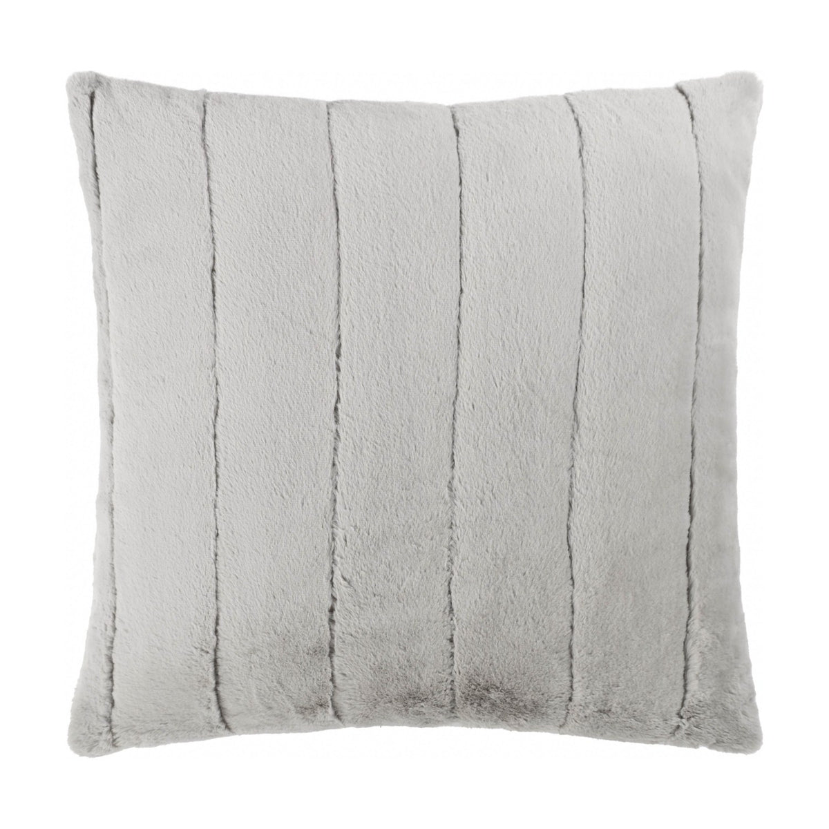 Square grey faux fur cushion, Empress design, with dense pile divided into vertical channelled stripes by soft seams, shown on a plain white background.
