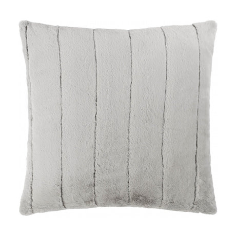 Square grey faux fur cushion, Empress design, with dense pile divided into vertical channelled stripes by soft seams, shown on a plain white background.