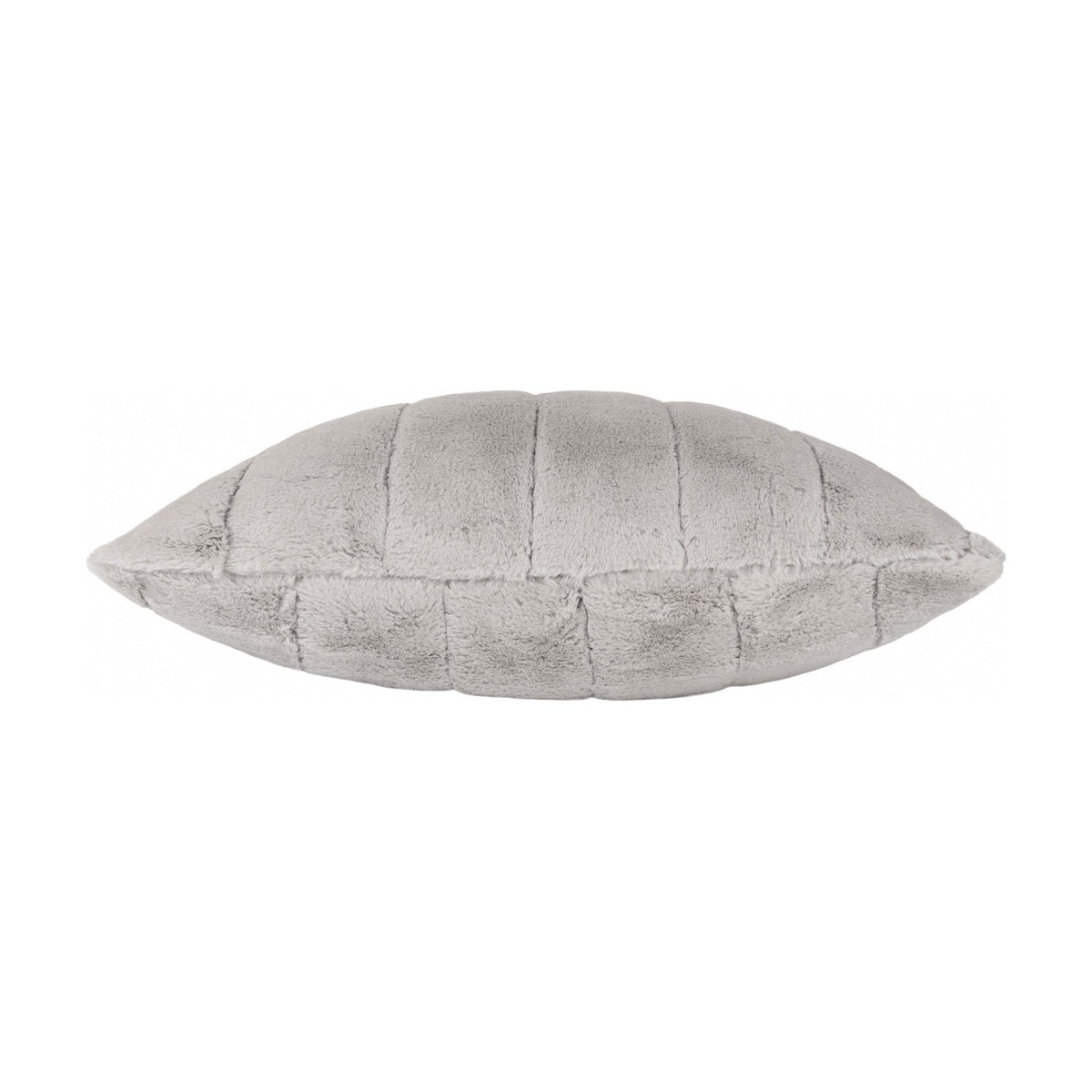 Empress Velvet Faux Fur Cushion in grey, shown side-on with channelled vertical panel stitching across a dense pile, set against a plain white background.