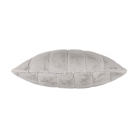 Empress Velvet Faux Fur Cushion in grey, shown side-on with channelled vertical panel stitching across a dense pile, set against a plain white background.