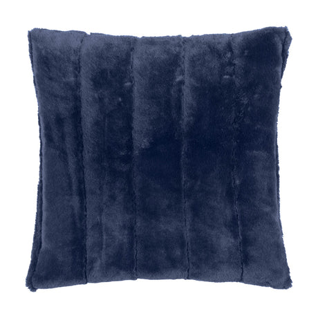Empress Velvet Faux Fur Cushion in navy blue, square with soft vertical channels across the deep pile fabric, shown on a plain white background.