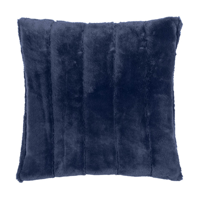 Empress Velvet Faux Fur Cushion in navy blue, square with soft vertical channels across the deep pile fabric, shown on a plain white background.