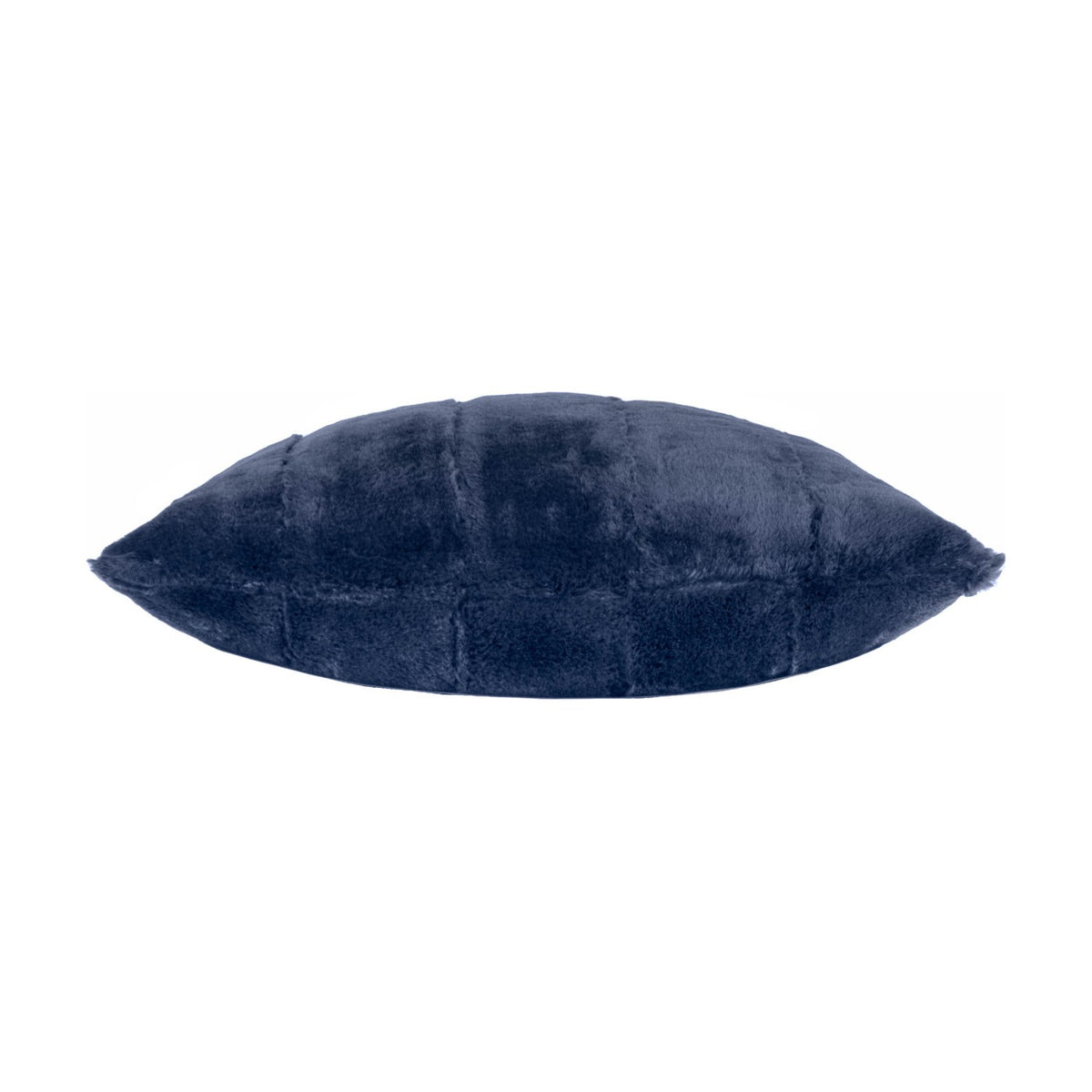 Empress Velvet Faux Fur Cushion in navy blue, shown side-on with quilted vertical channels and plush deep-pile texture, set against a plain white background.