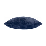 Empress Velvet Faux Fur Cushion in navy blue, shown side-on with quilted vertical channels and plush deep-pile texture, set against a plain white background.