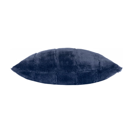 Empress Velvet Faux Fur Cushion in navy blue, shown side-on with quilted vertical channels and plush deep-pile texture, set against a plain white background.