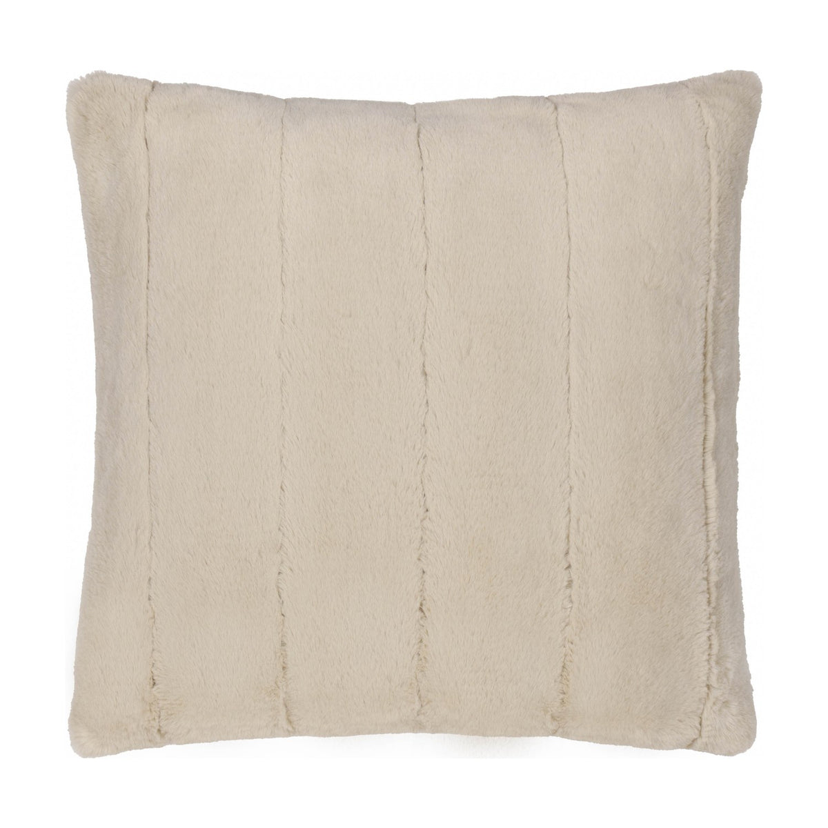Empress Plain Faux Fur Cushion in oatmeal, square with deep plush pile and vertical ribbed channels, shown on a plain white background.