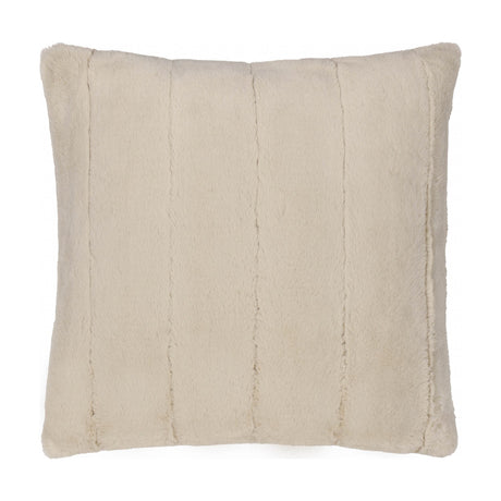Empress Plain Faux Fur Cushion in oatmeal, square with deep plush pile and vertical ribbed channels, shown on a plain white background.