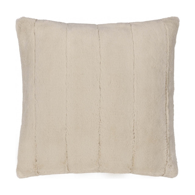 Empress Plain Faux Fur Cushion in oatmeal, square with deep plush pile and vertical ribbed channels, shown on a plain white background.