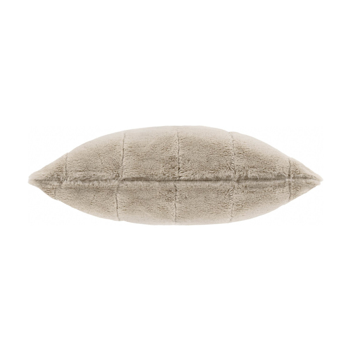 Empress Plain Faux Fur Cushion in oatmeal, shown side-on with plush pile and vertical channel stitching, set against a plain white background.