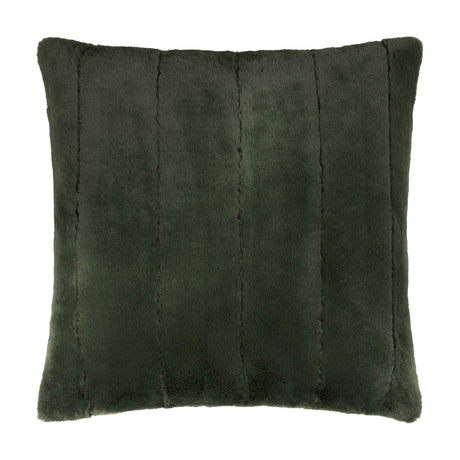 Empress Plain Faux Fur Cushion in pine green, square with a high-pile finish and vertical pressed channels, shown on a plain white background.