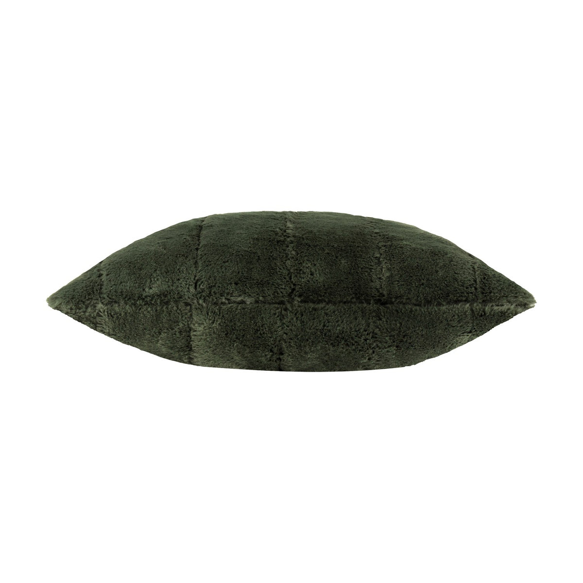 Empress Plain Faux Fur Cushion in pine green, shown side-on with a plush high-pile finish and vertical panelled channels, set against a plain white background.