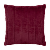 Empress Velvet Faux Fur Cushion in Ruby, a square cushion with deep red plush pile divided into vertical channels, shown on a plain white background.