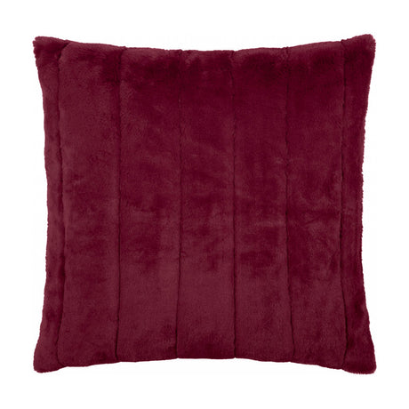 Empress Velvet Faux Fur Cushion in Ruby, a square cushion with deep red plush pile divided into vertical channels, shown on a plain white background.