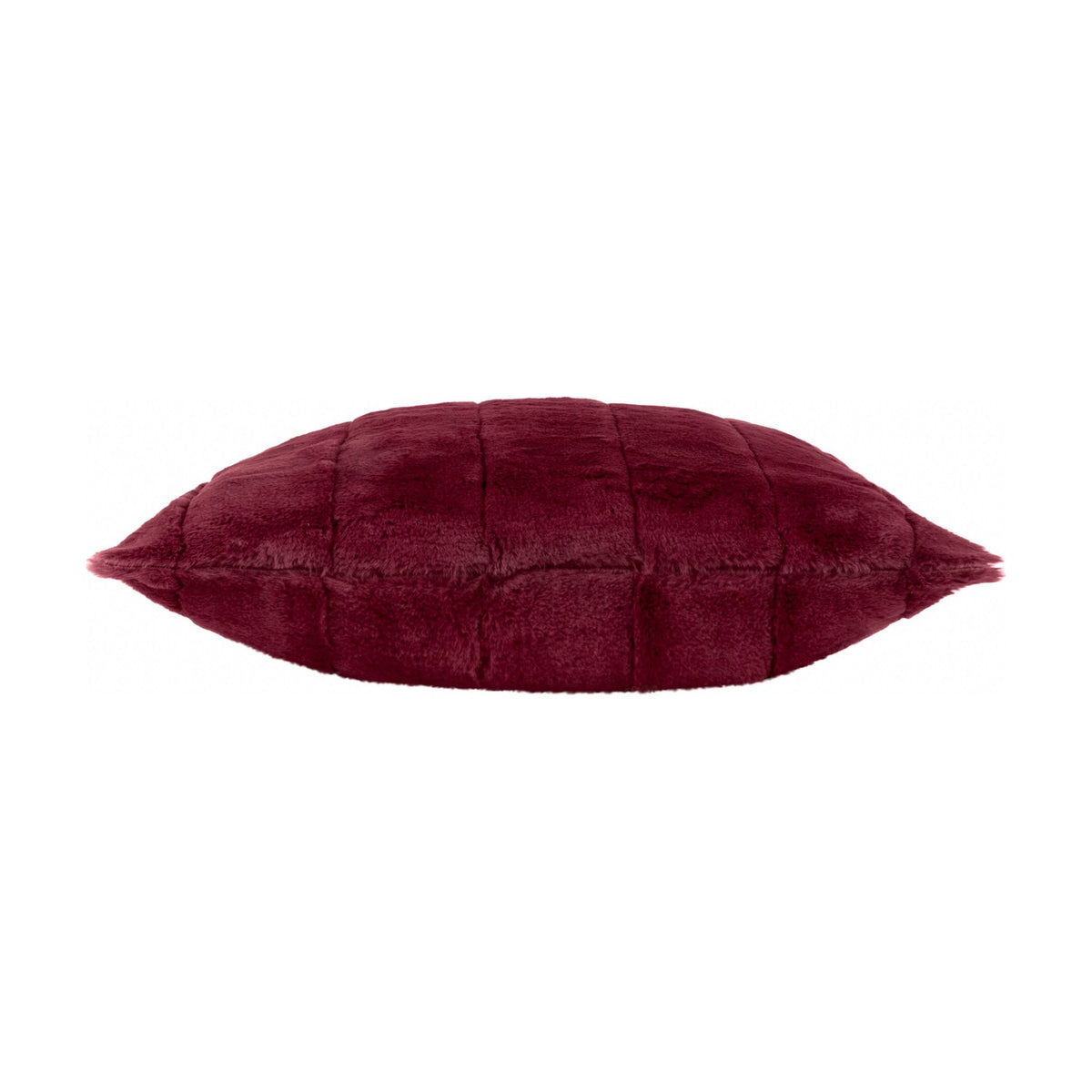 Side view of the Empress Velvet Faux Fur Cushion in ruby, showing plush channelled fur pile and full seam edge on a plain white background.