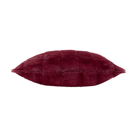 Side view of the Empress Velvet Faux Fur Cushion in ruby, showing plush channelled fur pile and full seam edge on a plain white background.