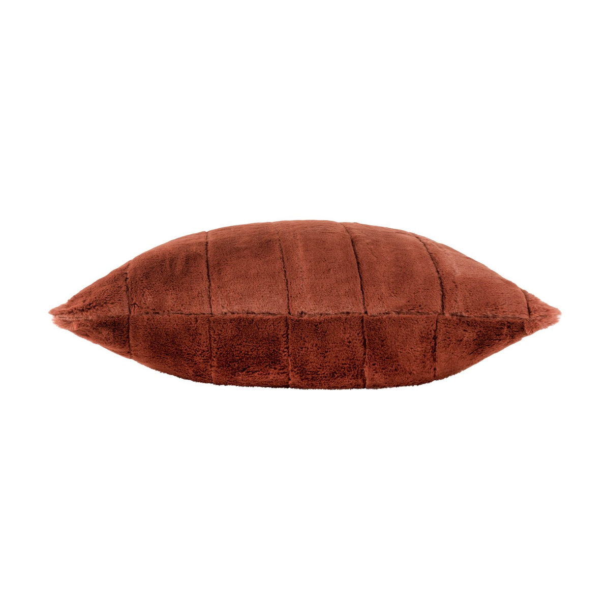 Empress Velvet Faux Fur Cushion in rust orange, shown side-on with ribbed vertical channels and deep pile texture against a plain white background.