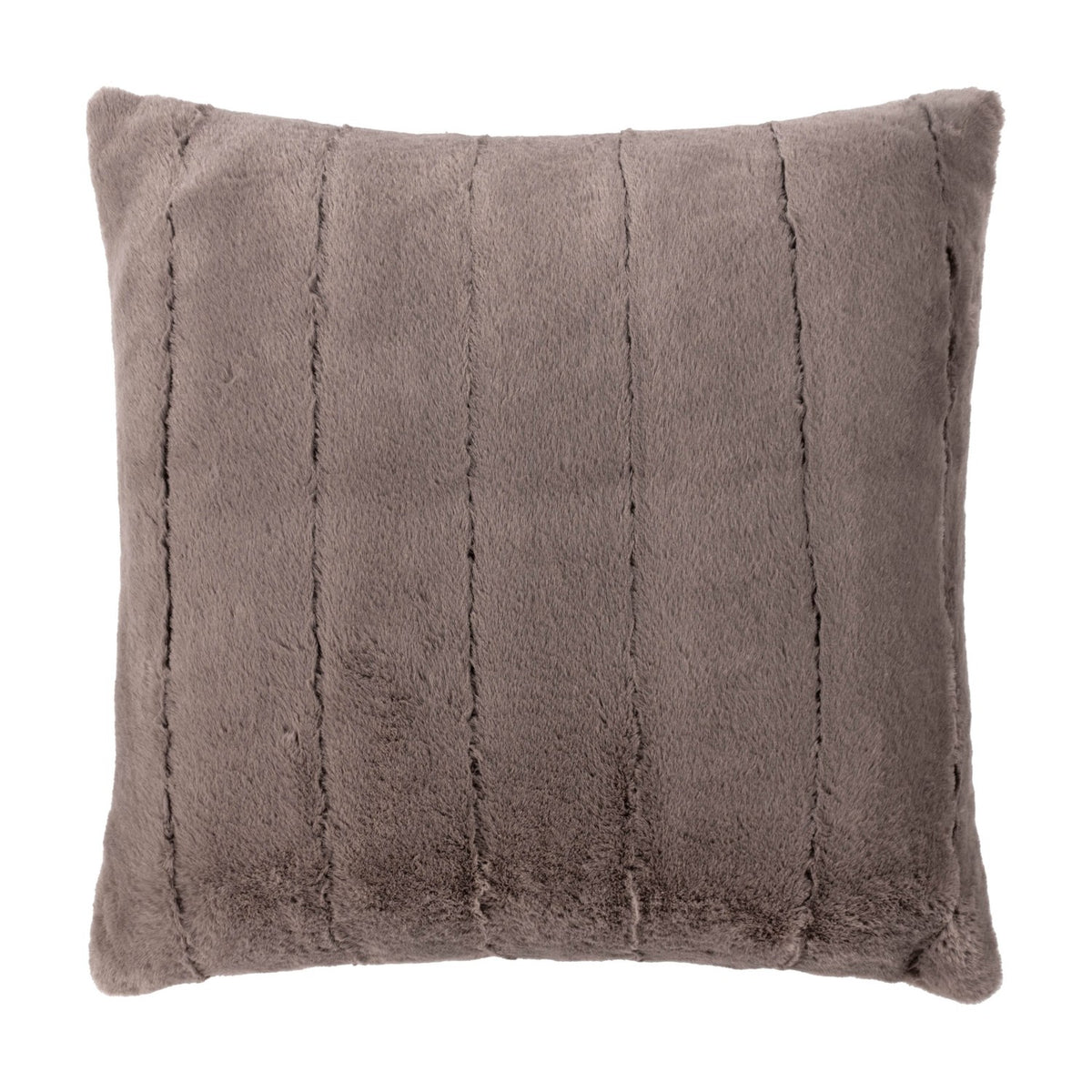 Empress Velvet Faux Fur Cushion in taupe, a square cushion with soft vertical pile channels and a warm greige-brown finish, shown on a plain white background.