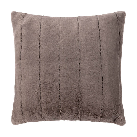 Empress Velvet Faux Fur Cushion in taupe, a square cushion with soft vertical pile channels and a warm greige-brown finish, shown on a plain white background.