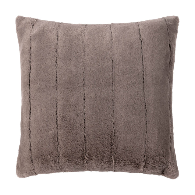Empress Velvet Faux Fur Cushion in taupe, a square cushion with soft vertical pile channels and a warm greige-brown finish, shown on a plain white background.