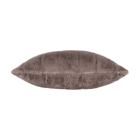 Empress Velvet Faux Fur Cushion in taupe, shown side-on with plush vertical channelled pile, soft greige-brown tone, on a plain white background.