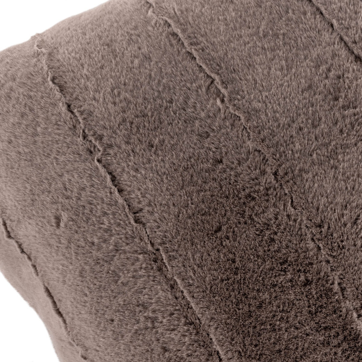 Close-up of the Empress Velvet Faux Fur Cushion in taupe, showing soft long-pile fabric with subtle vertical channel seams in a warm greige-brown tone.