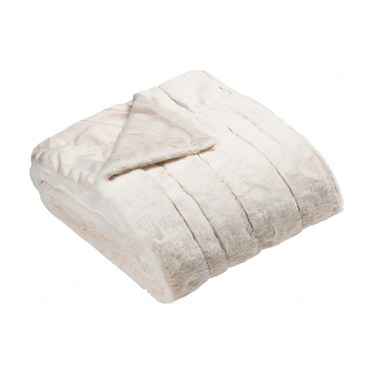 Empress Velvet Faux Fur Throw in cream, folded to show ribbed, channelled pile texture and a flatter reverse side, on a plain white background.