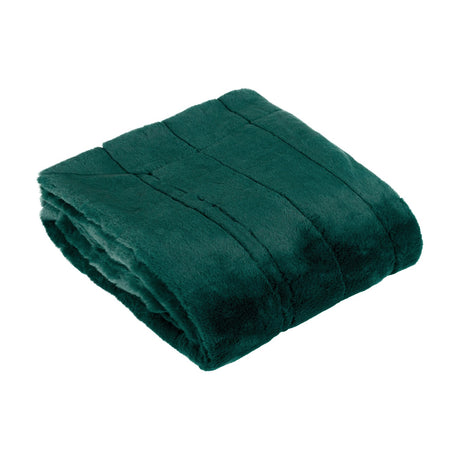 Empress Velvet Faux Fur Throw in emerald green, folded to show its soft pile texture and quilted stitched panels, shown on a plain white background.