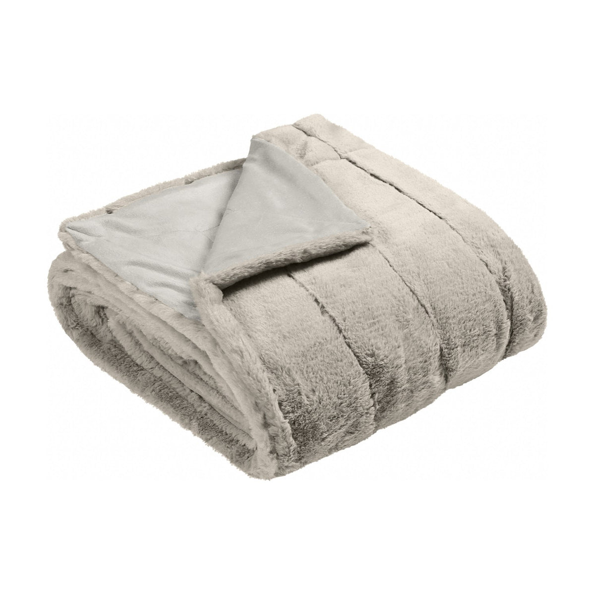 Empress Velvet Faux Fur Throw in grey, folded to show long-pile channelled face and smooth velvet reverse, on a plain white background.