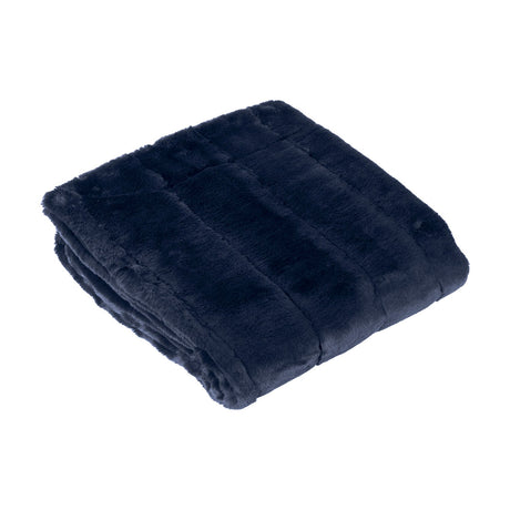Empress Velvet Faux Fur Throw in navy, folded to show its plush pile texture and quilted channel stitching, set against a plain white background.