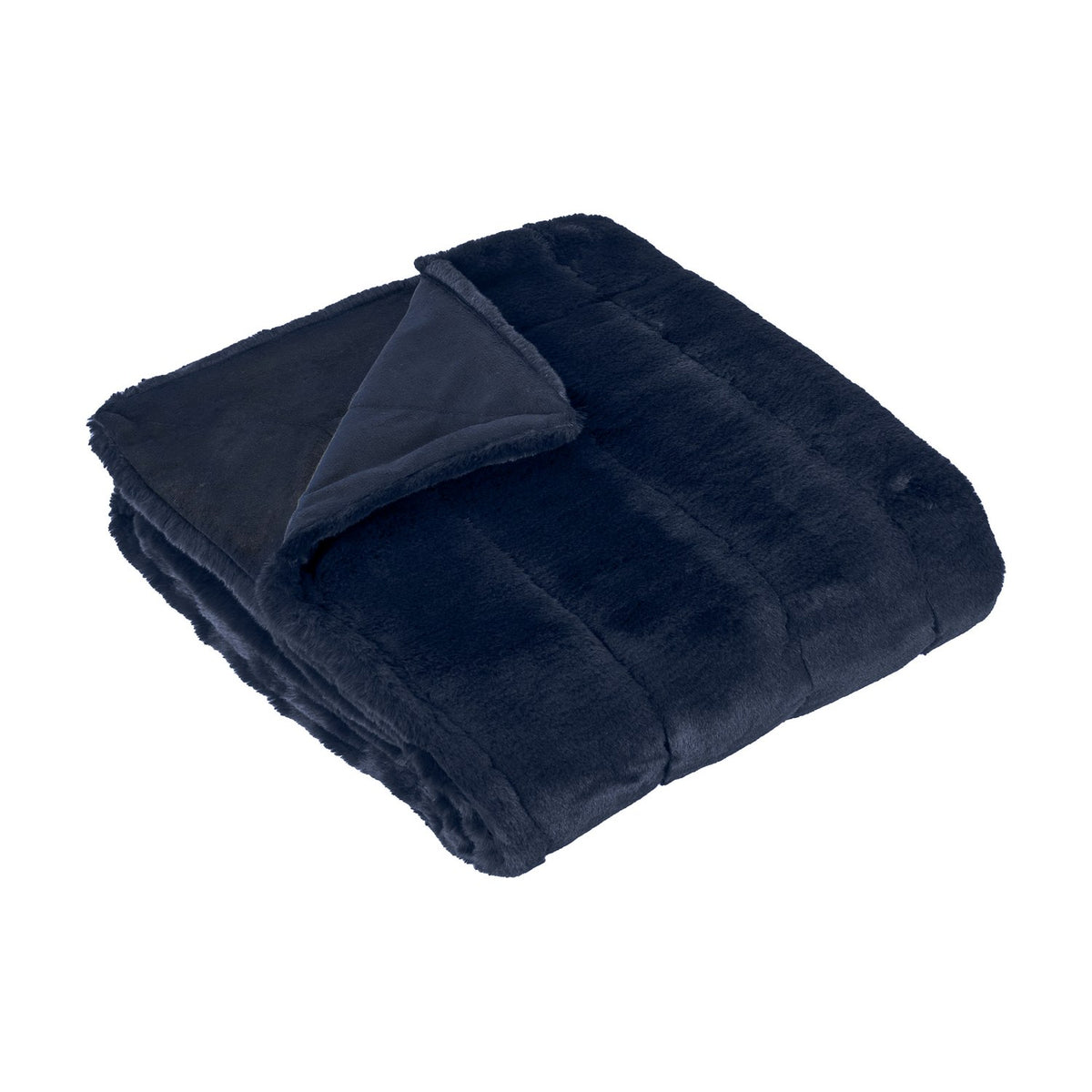 Empress Velvet Faux Fur Throw in navy, folded to reveal its plush textured pile face and flat velvet-like reverse, shown against a plain white background.
