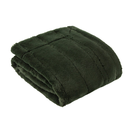 Empress Plain Faux Fur Throw in pine green, folded showing plush pile texture and quilted stitch lines, on a plain white background.