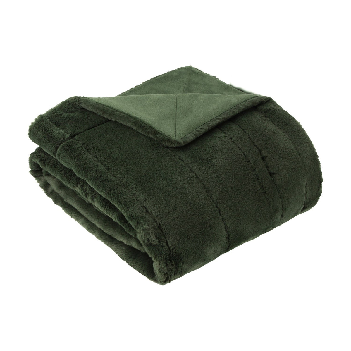 Empress Plain Faux Fur Throw in pine green, folded to show its plush pile face and smooth suede-look reverse, on a plain white background.