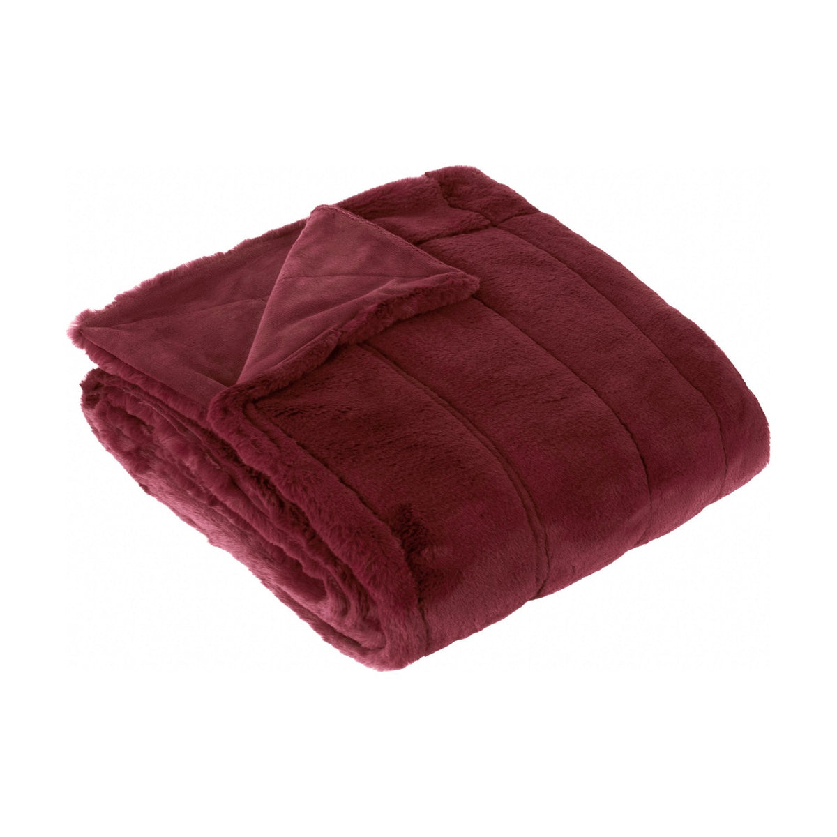 Empress Velvet Faux Fur Throw in ruby red, folded to show plush long-pile face and flat velvet reverse, on a plain white background.