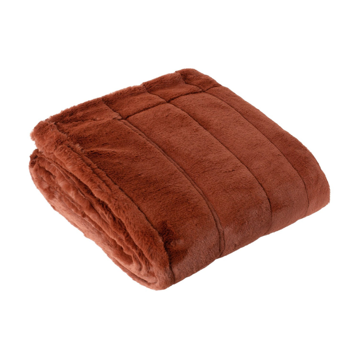 Empress Velvet Faux Fur Throw in rust, folded to show soft channel-stitched pile and smooth reverse, on a plain white background.