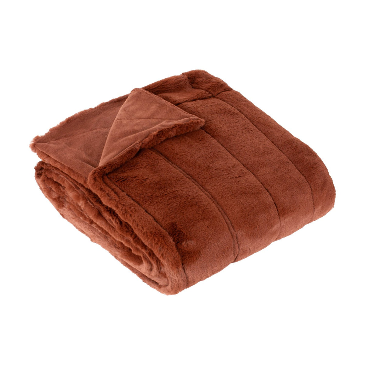 Empress Velvet Faux Fur Throw in rust, folded to show plush channelled pile and smooth reverse side, on a plain white background.