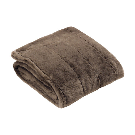 Empress Velvet Faux Fur Throw in taupe brown, folded to show deep-pile channelled panels and matching velvet reverse, on a plain white background.