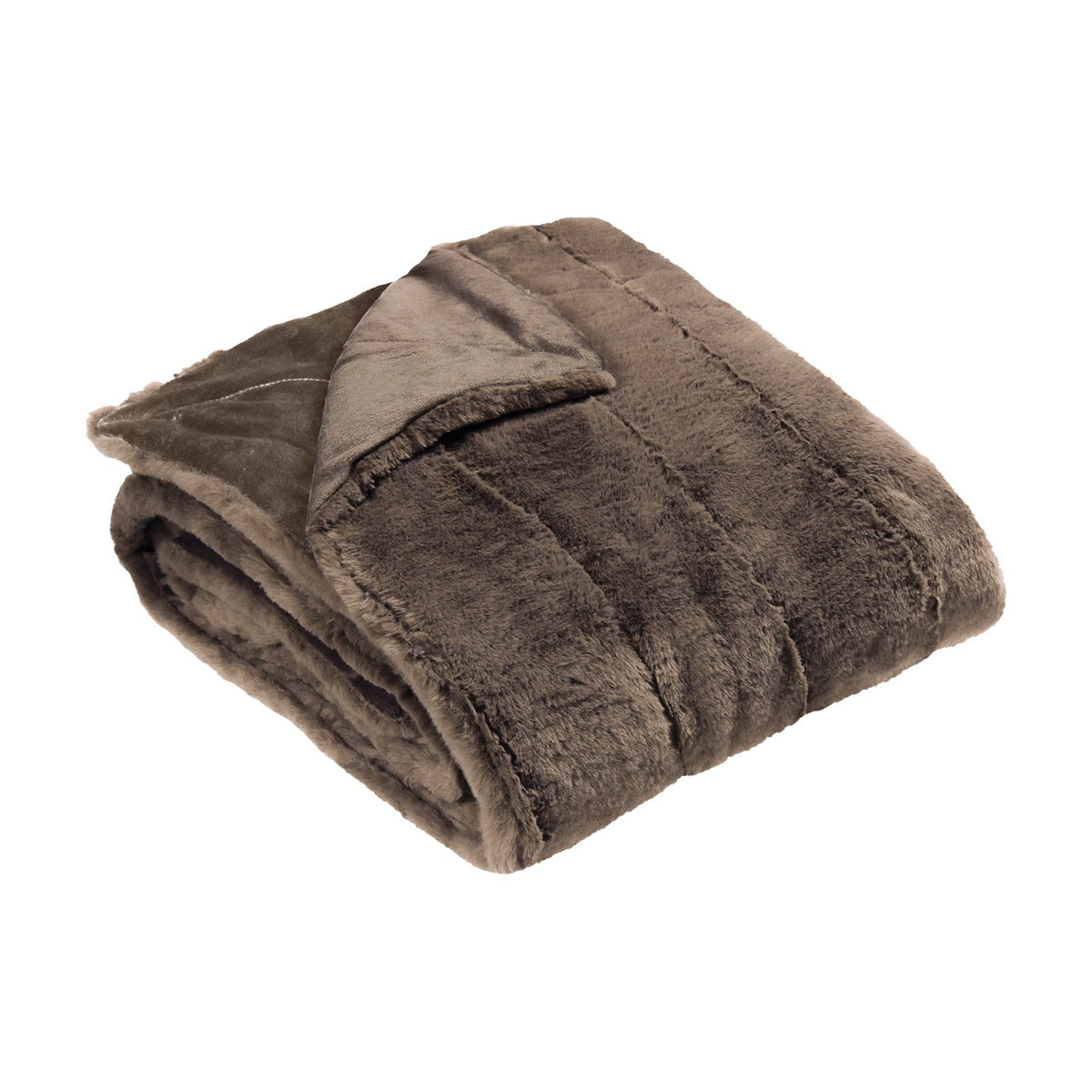 Folded Empress Velvet Faux Fur Throw in taupe brown, showing channelled faux fur face and flat velvet reverse, on a plain white background.