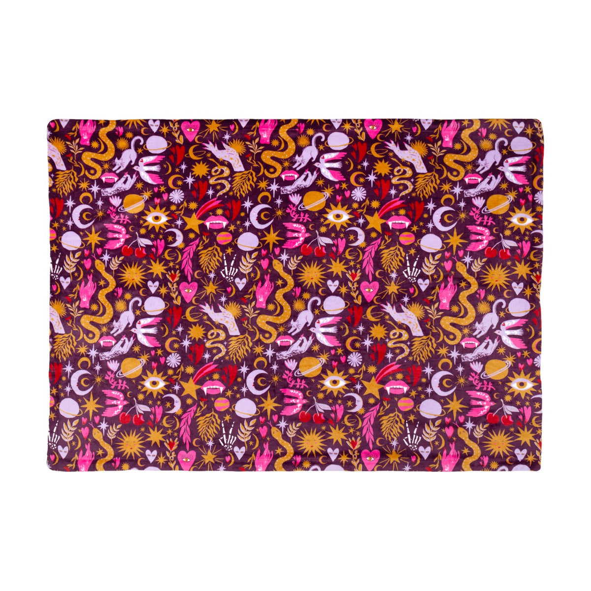 Enchanted Printed Polyester Throw in pink on a plum ground, featuring gold moons, stars, planets, cherries and mystical motifs, shown flat on a white background.